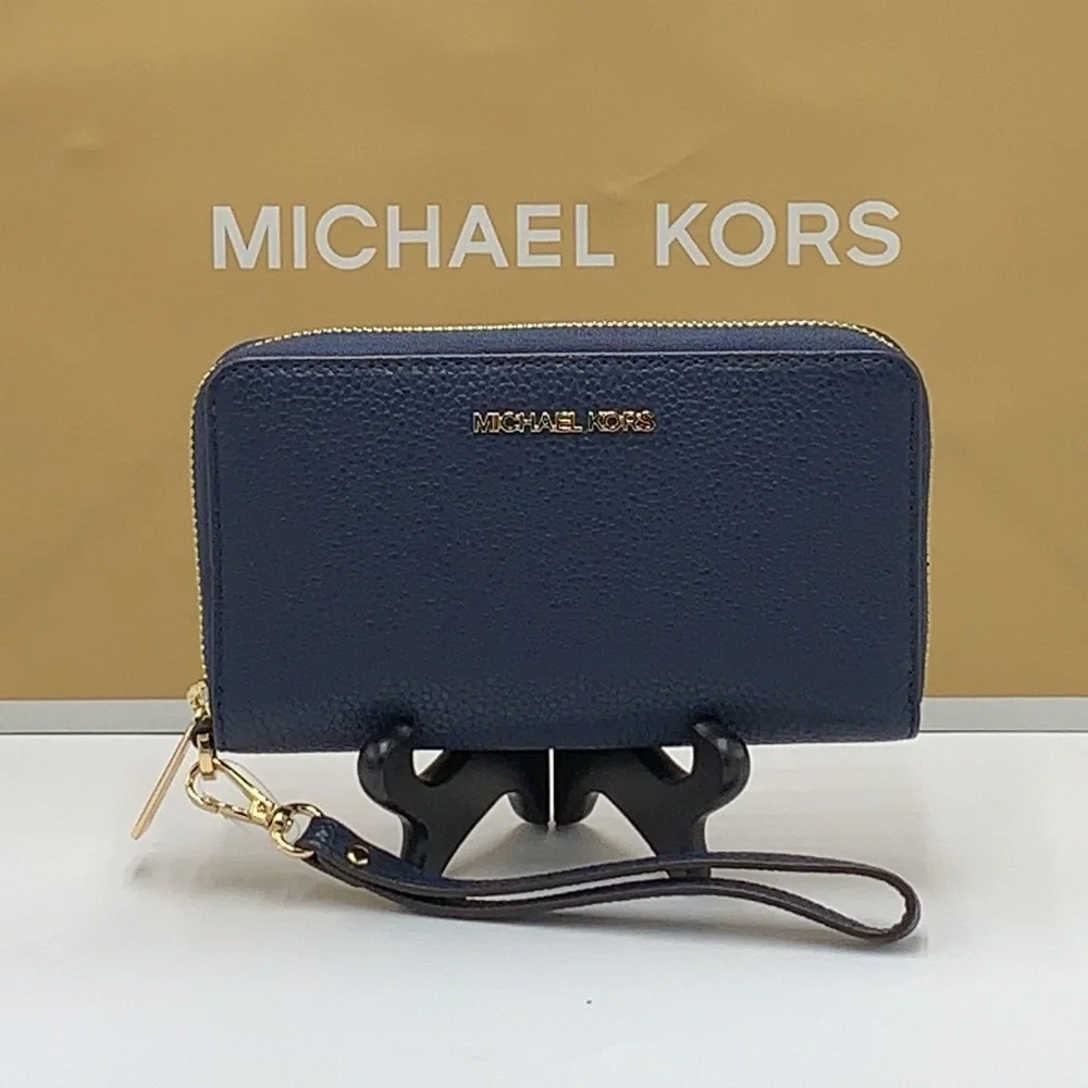 MICHAEL KORS LARGE FLAT MULTIFUNCTION PHONE CASE WALLET WRISTLET NAVY COLOR